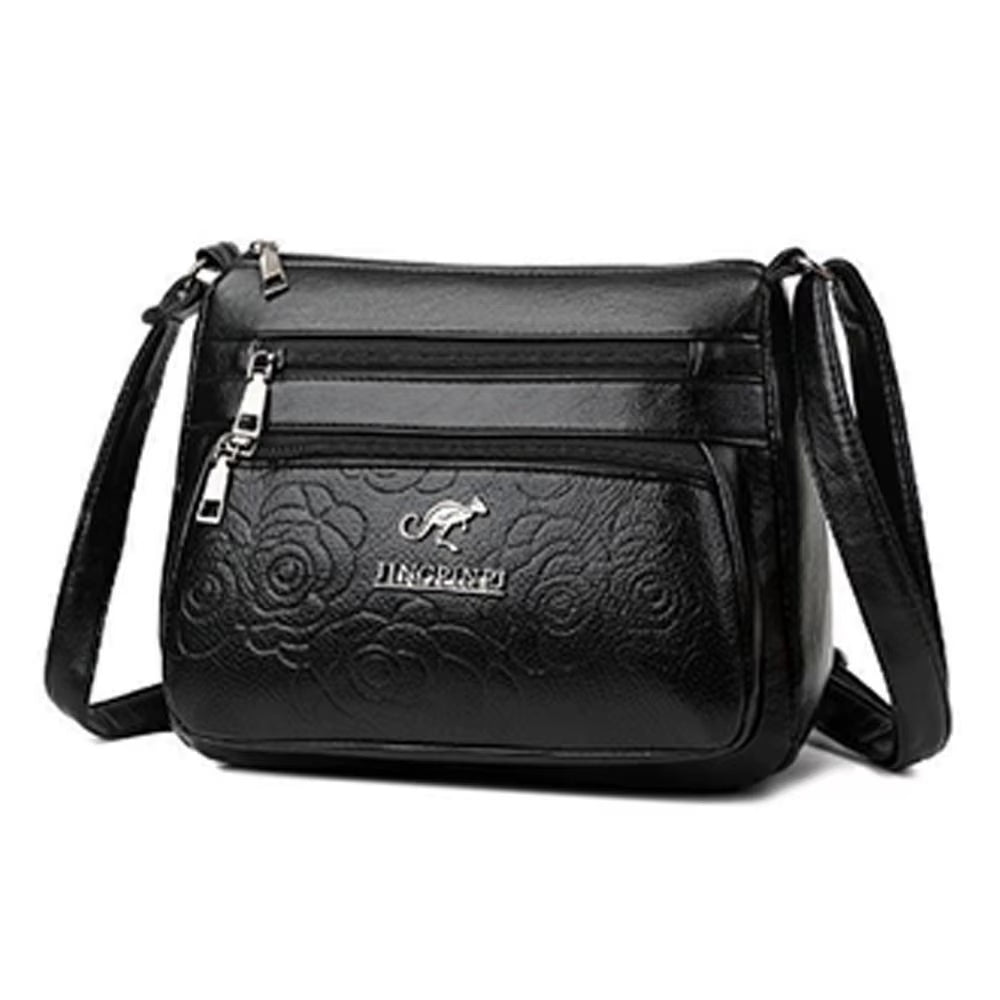 Leisure PU Leather Buying Vegetable Bag Large Capacity Multi-Layer Shoulder Messenger Bag Black Crossbody Bag Woman