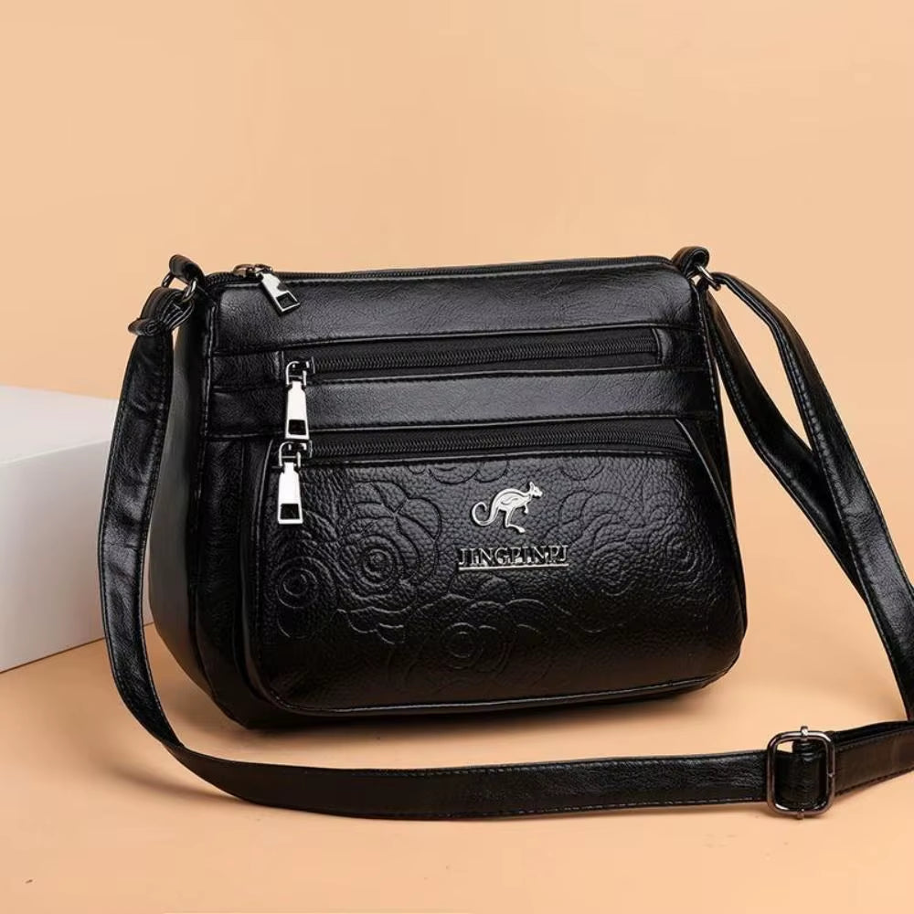 Leisure PU Leather Buying Vegetable Bag Large Capacity Multi-Layer Shoulder Messenger Bag Black Crossbody Bag Woman