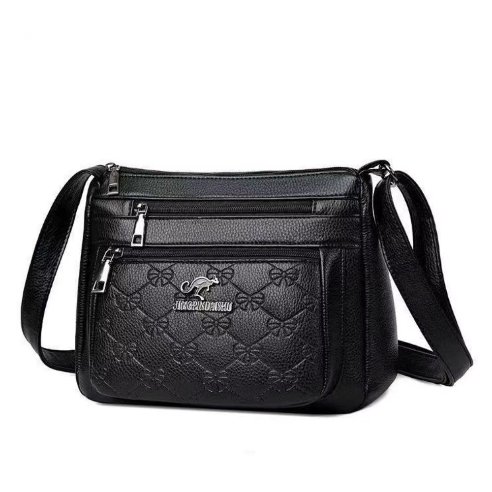 Leisure PU Leather Buying Vegetable Bag Large Capacity Multi-Layer Shoulder Messenger Bag Black Crossbody Bag Woman