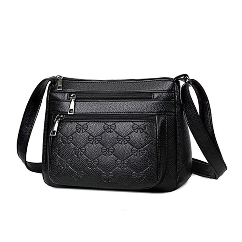 Leisure PU Leather Buying Vegetable Bag Large Capacity Multi-Layer Shoulder Messenger Bag Black Crossbody Bag Woman