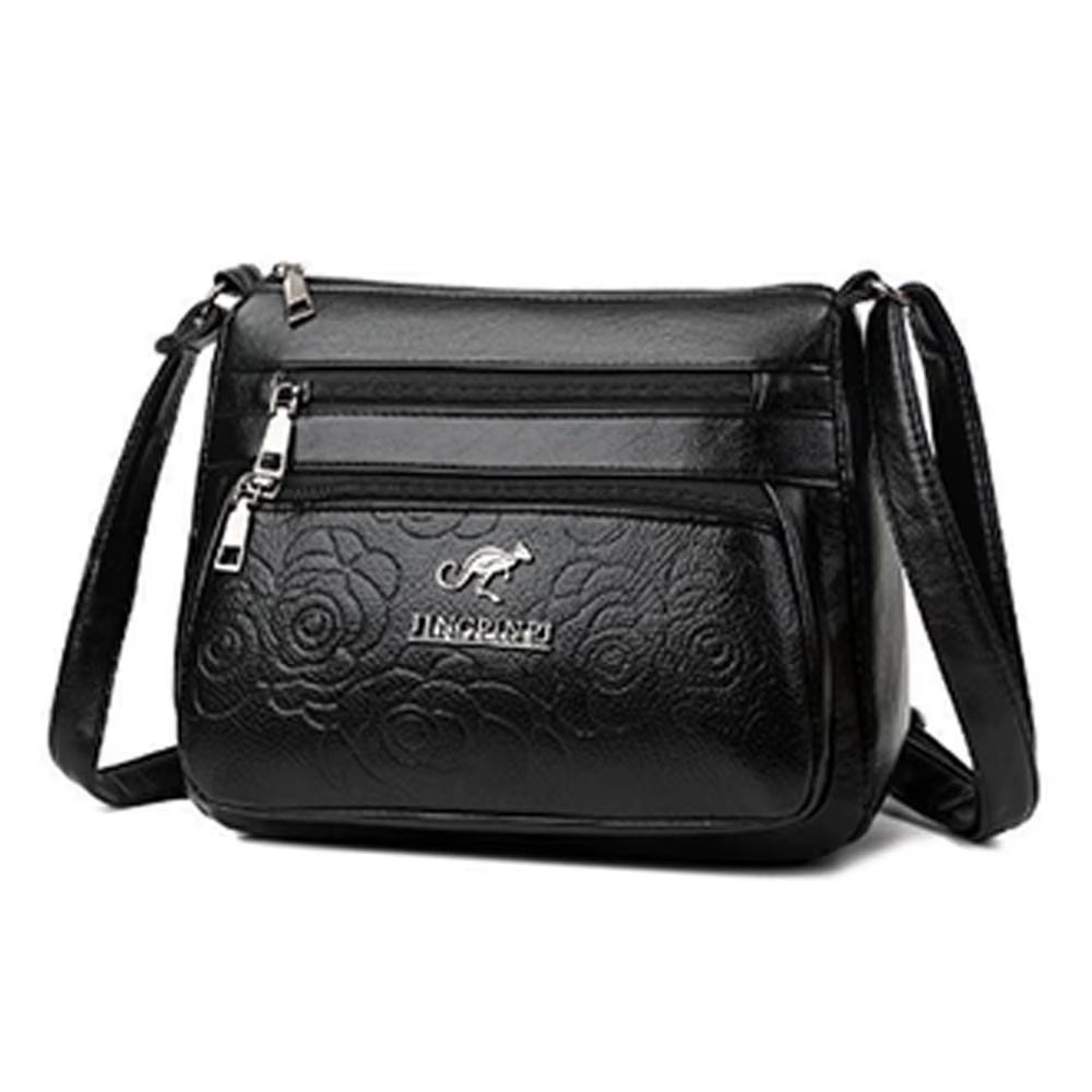 Leisure PU Leather Buying Vegetable Bag Large Capacity Multi-Layer Shoulder Messenger Bag Black Crossbody Bag Woman