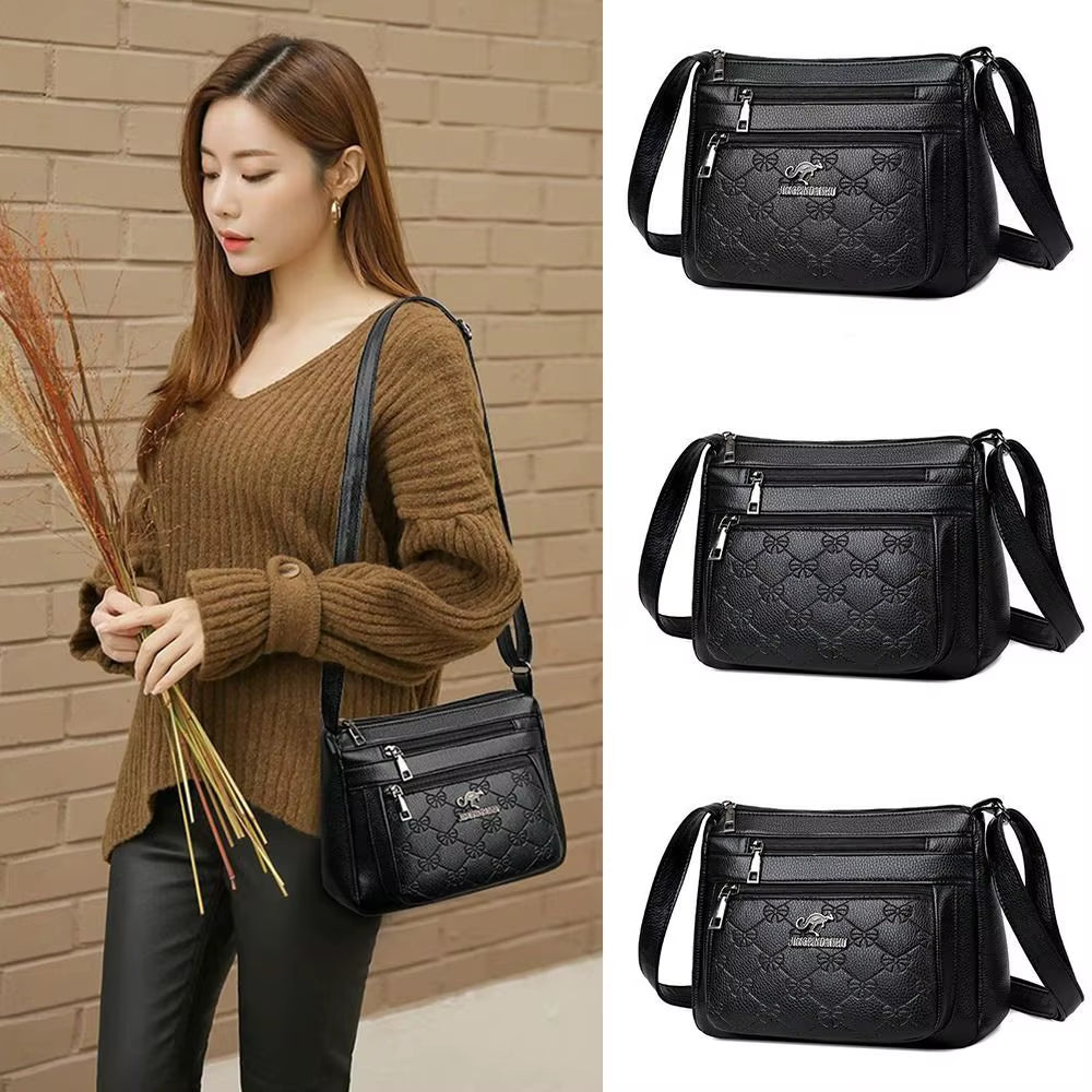Leisure PU Leather Buying Vegetable Bag Large Capacity Multi-Layer Shoulder Messenger Bag Black Crossbody Bag Woman