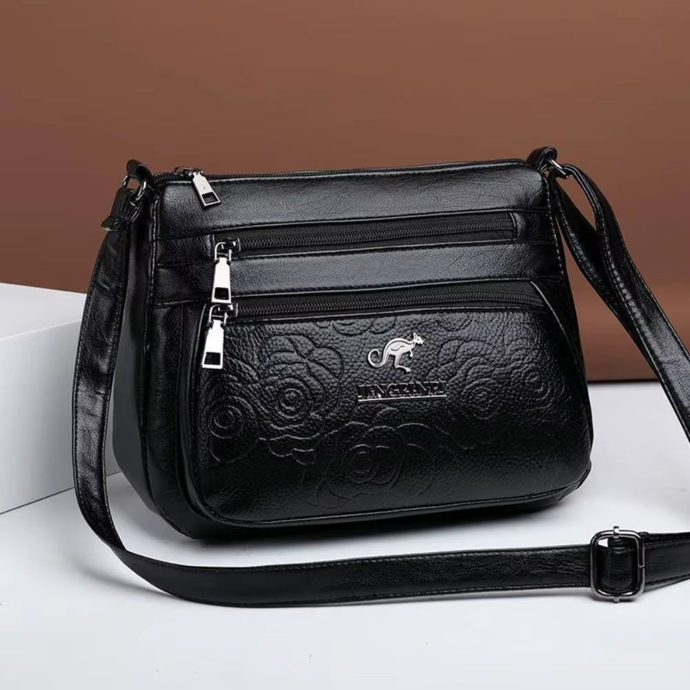 Leisure PU Leather Buying Vegetable Bag Large Capacity Multi-Layer Shoulder Messenger Bag Black Crossbody Bag Woman